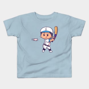 Cute Boy Playing Baseball Cartoon Kids T-Shirt